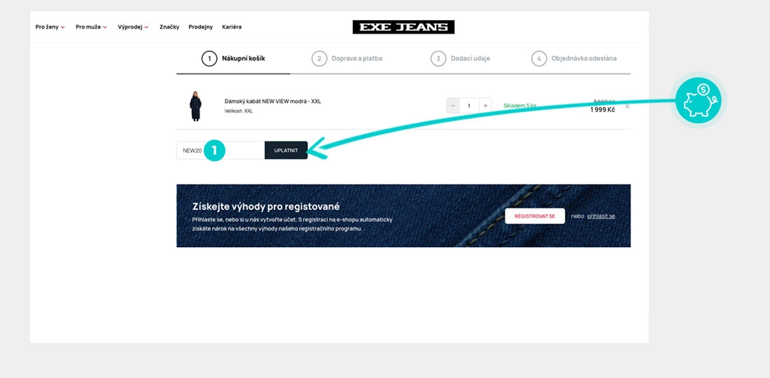 Návod jak uplatnit slevový kód v košíku e-shopu EXE JEANS
