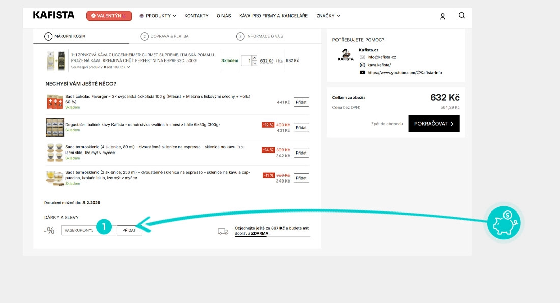 Návod jak uplatnit slevový kód v košíku e-shopu Kafista