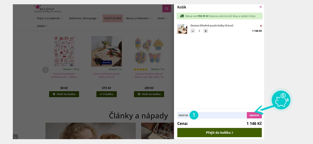 Návod jak uplatnit slevový kód v košíku e-shopu Davona