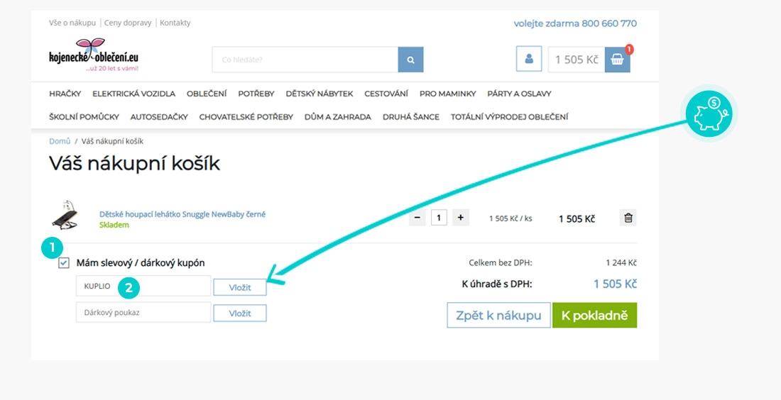 Návod jak uplatnit slevový kód v košíku e-shopu kojenecké-oblečení