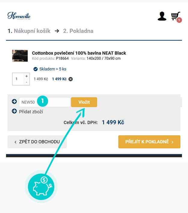 Návod jak uplatnit slevový kód v košíku e-shopu Homeville