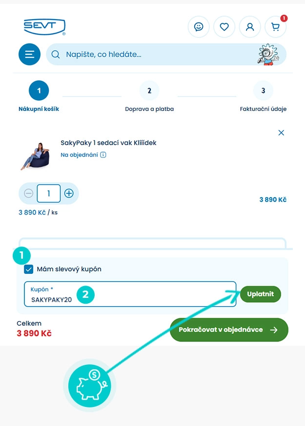 Návod jak uplatnit slevový kód v košíku e-shopu Sevt