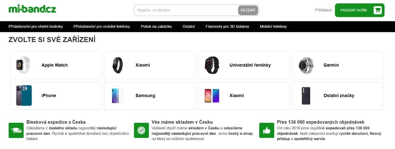 homepage Mi-band s nabídkou produktů