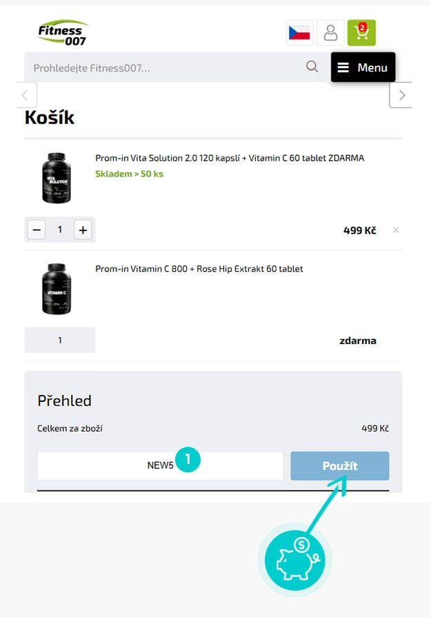 Návod jak uplatnit slevový kód v košíku e-shopu fitness 007