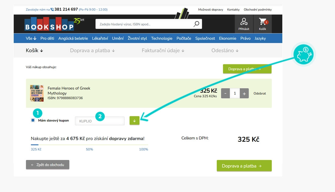 Návod jak uplatnit slevový kód v košíku e-shopu Bookshop