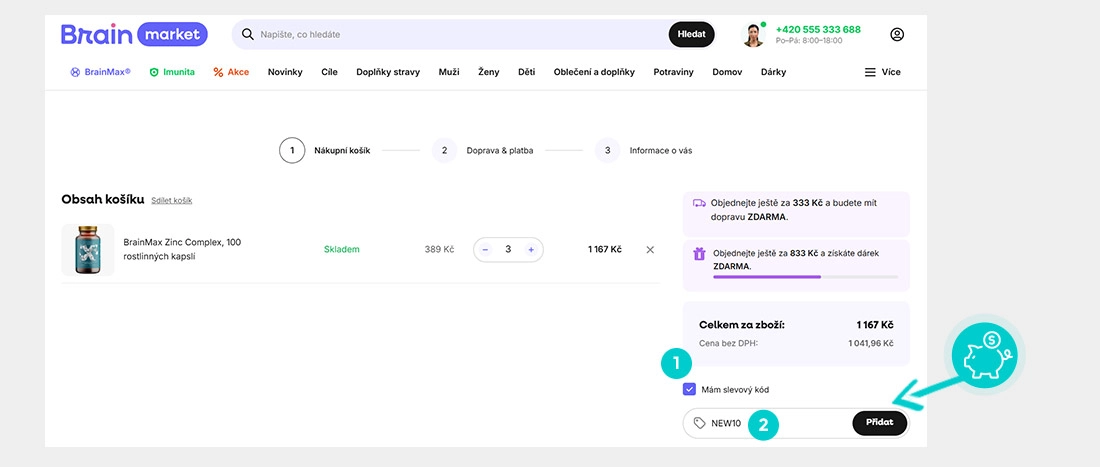 Návod jak uplatnit slevový kód v košíku e-shopu Brain market