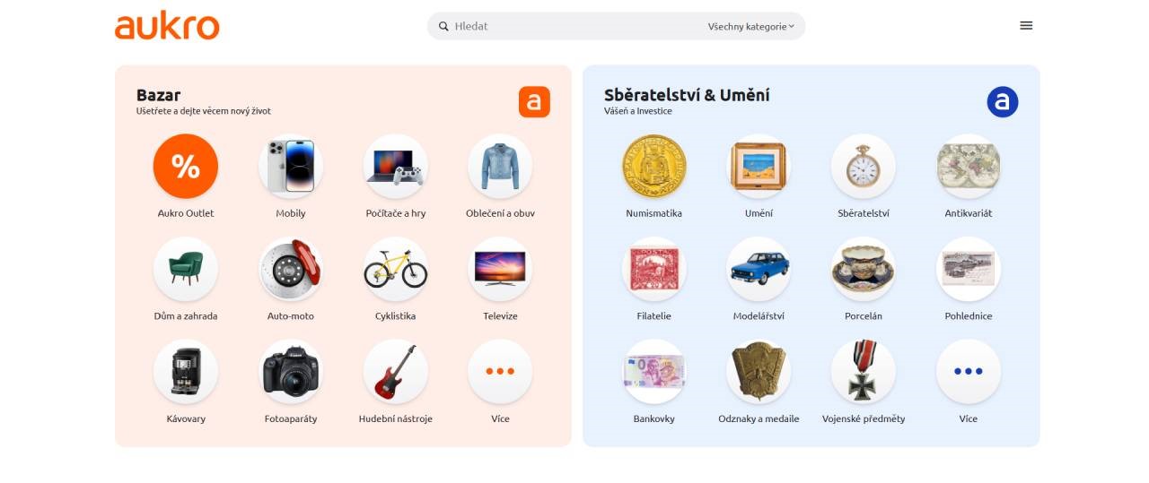 homepage Aukro s nabídkou všech kategorií