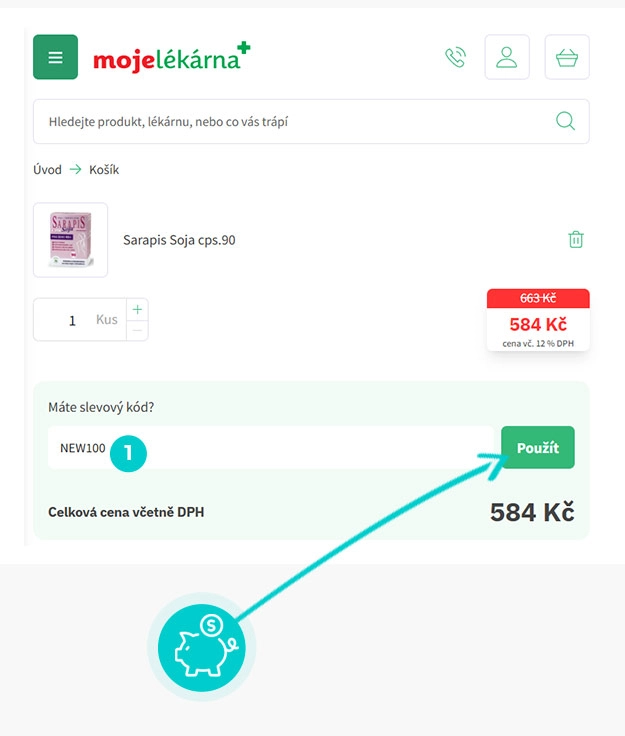 Návod jak uplatnit slevový kód v košíku e-shopu Moje lékárna