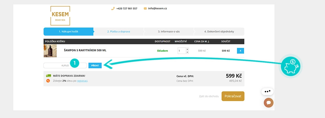 Návod jak uplatnit slevový kód v košíku e-shopu Kesem