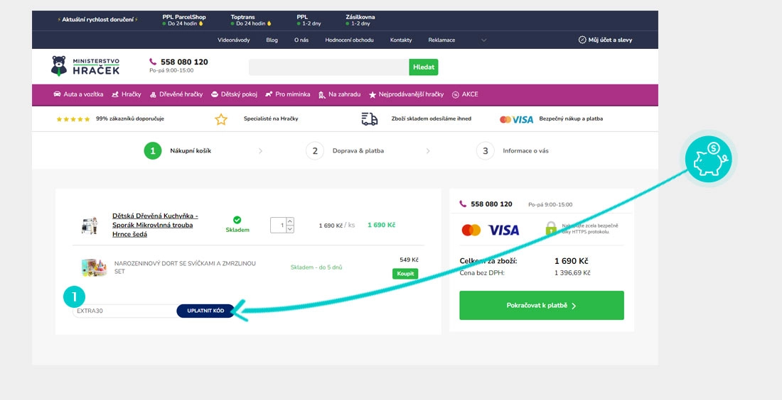 Návod jak uplatnit slevový kód v košíku e-shopu Ministerstvo Hraček
