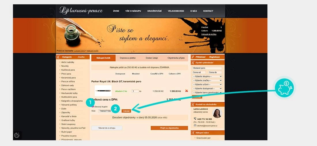 Návod jak uplatnit slevový kód v košíku e-shopu Luxusní-pera