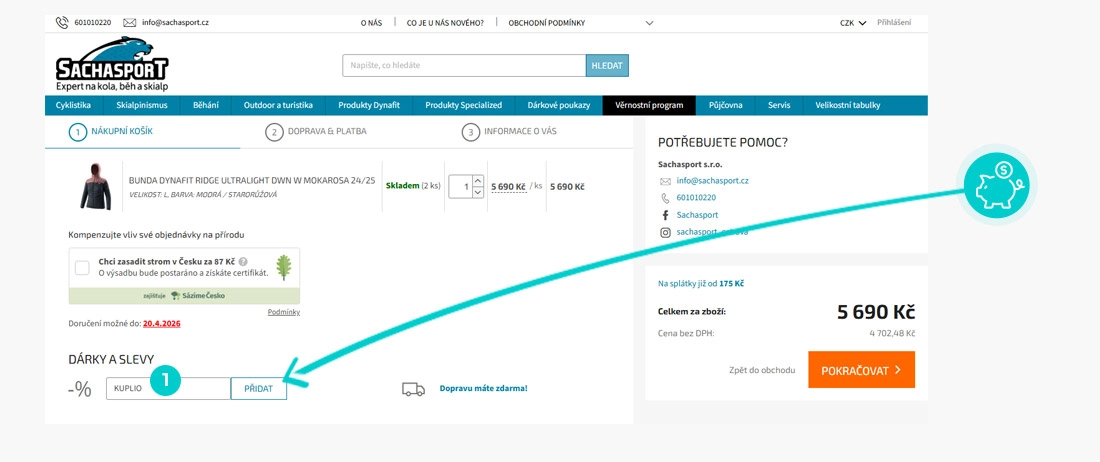 Návod jak uplatnit slevový kód v košíku e-shopu Sachasport