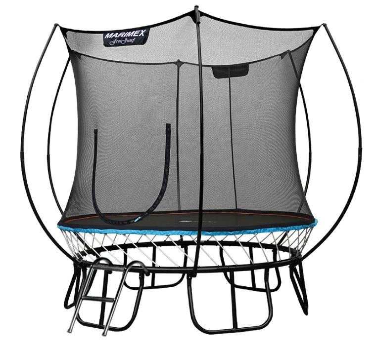 černá zahradní trampolína s modrým detailem