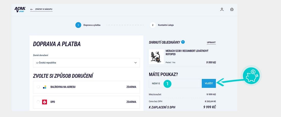 Návod jak uplatnit slevový kód v košíku e-shopu Acra Sport