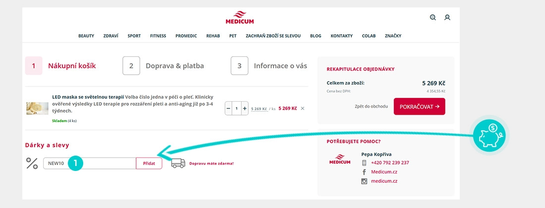 Návod jak uplatnit slevový kód v košíku e-shopu Medicum