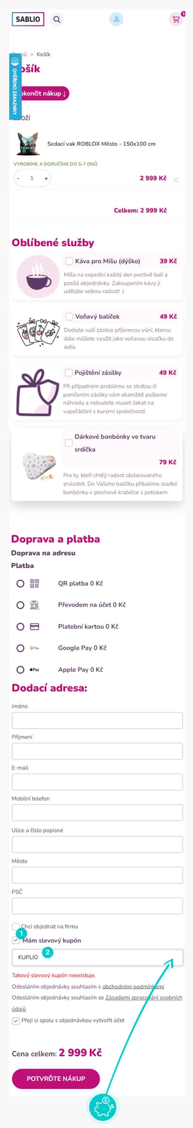Návod jak uplatnit slevový kód v košíku e-shopu Sablio