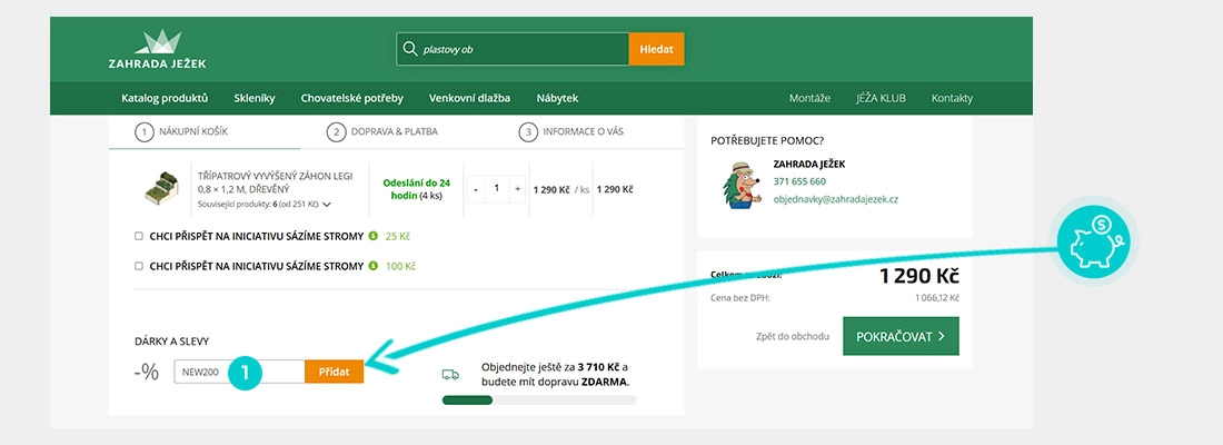 Návod jak uplatnit slevový kód v košíku e-shopu Zahrada Ježek