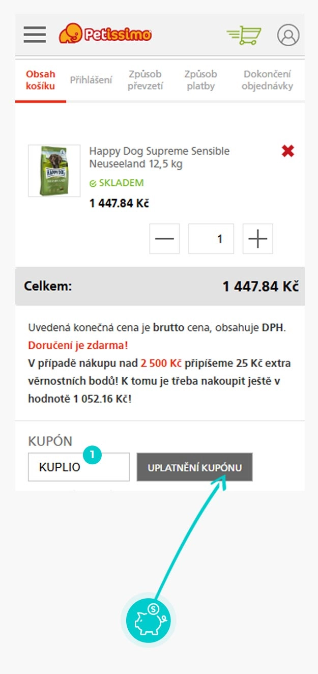 Návod jak uplatnit slevový kód v košíku e-shopu Petissimo
