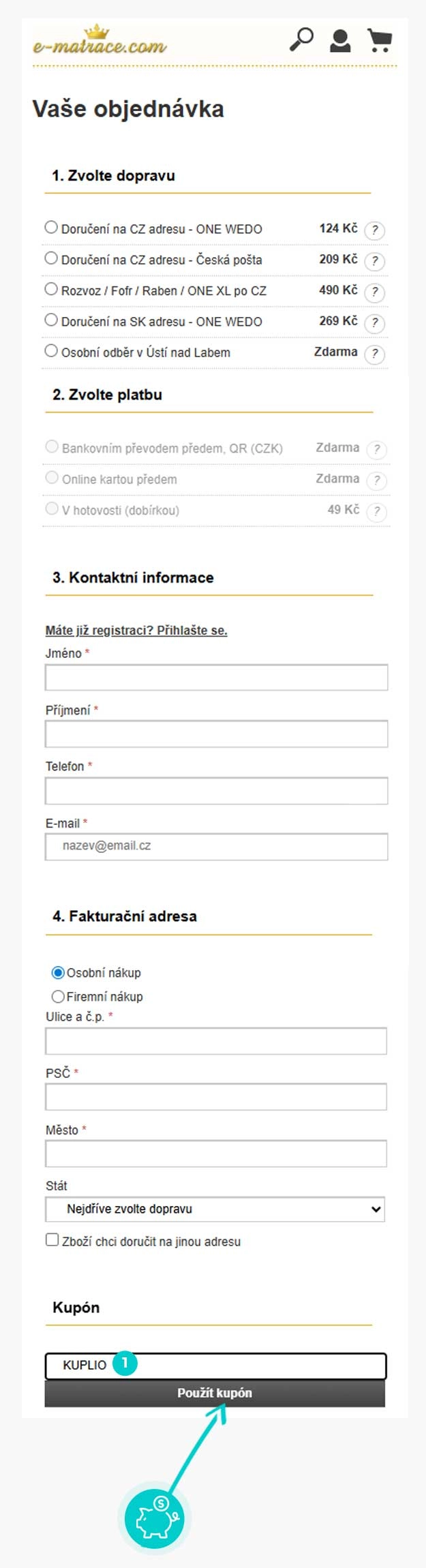 Návod jak uplatnit slevový kód v košíku e-shopu e-matrace.com