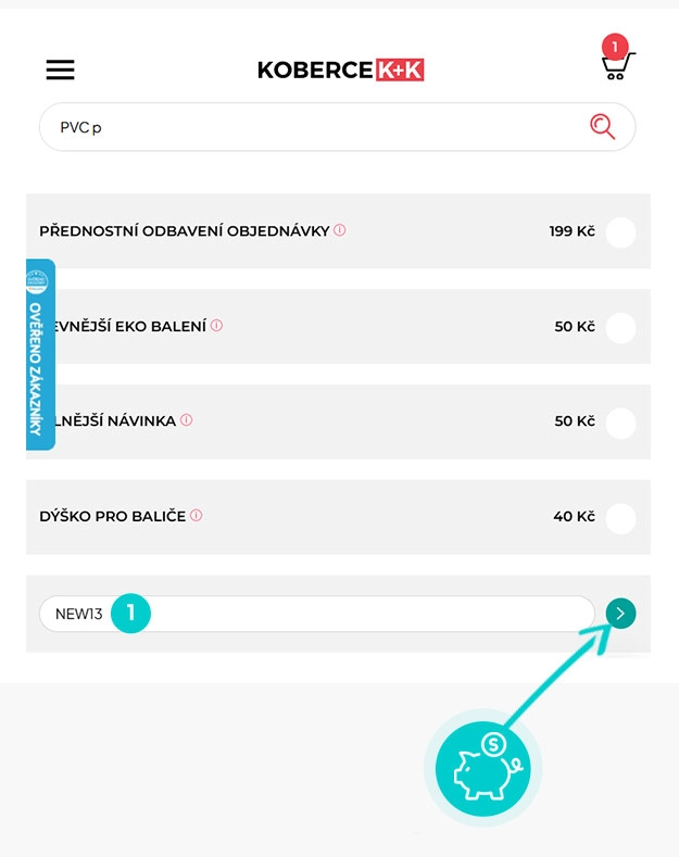 Návod jak uplatnit slevový kód v košíku e-shopu Koberce K+K