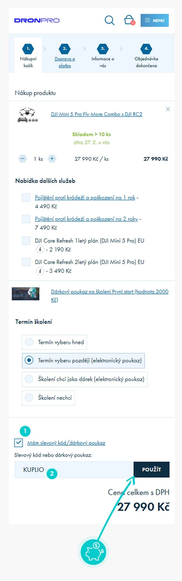 Návod jak uplatnit slevový kód v košíku e-shopu Dron Pro