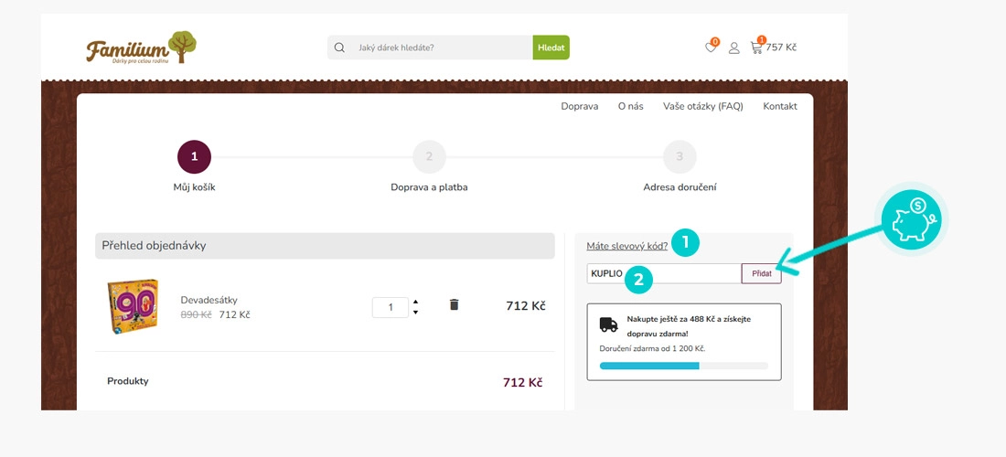 Návod jak uplatnit slevový kód v košíku e-shopu Familium
