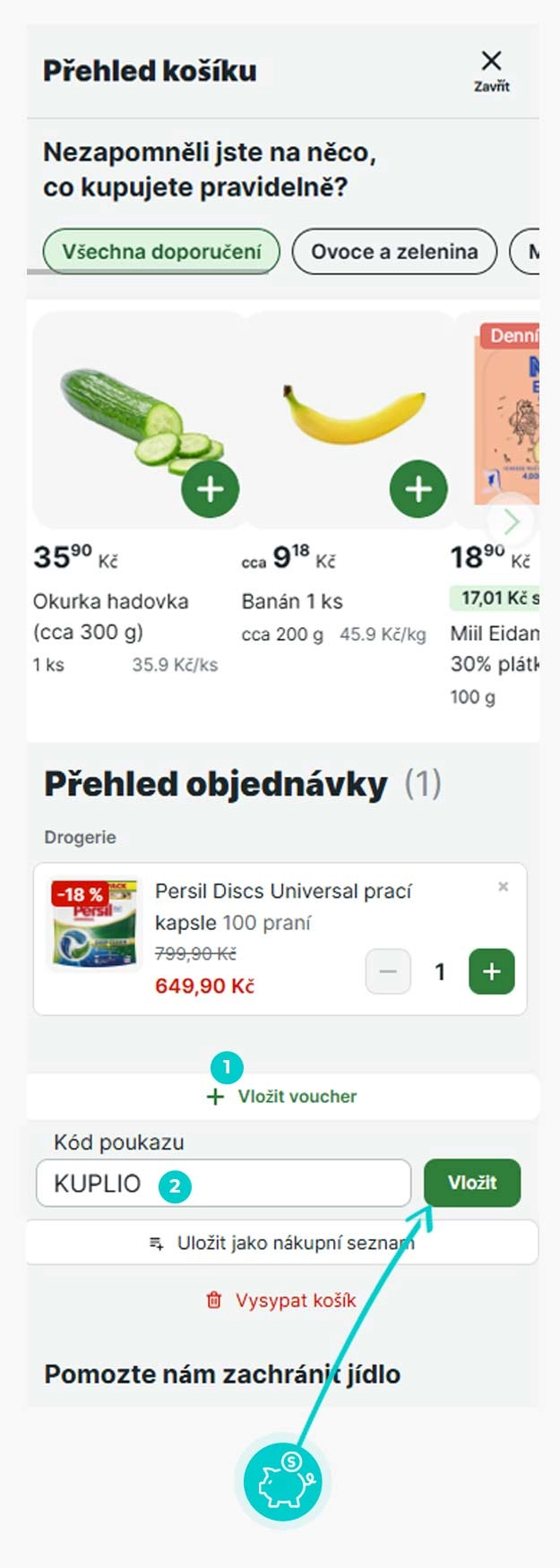 Návod jak uplatnit slevový kód v košíku e-shopu Rohlik