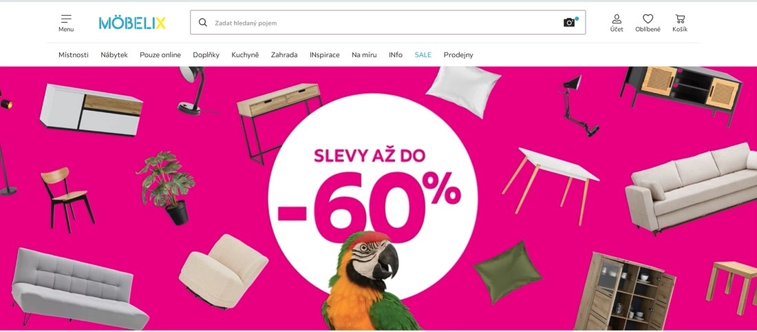 Stránka Möbelix na růžovém podkladu s různými kusy nábytku