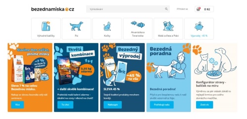 homepage bezednamiska.cz s nabídkou produktů pro zvířata