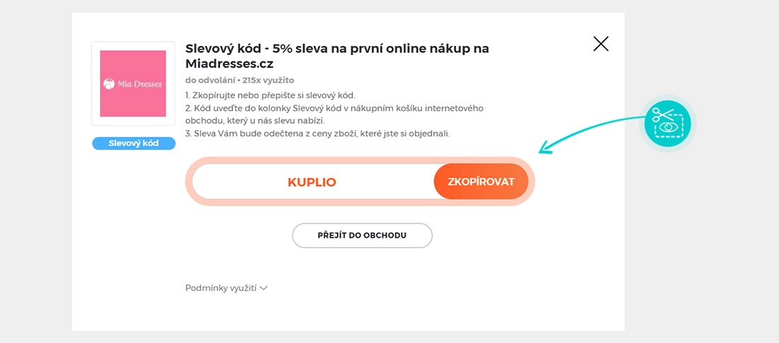 Návod jak zkopírovat slevový kód Mia Dresses