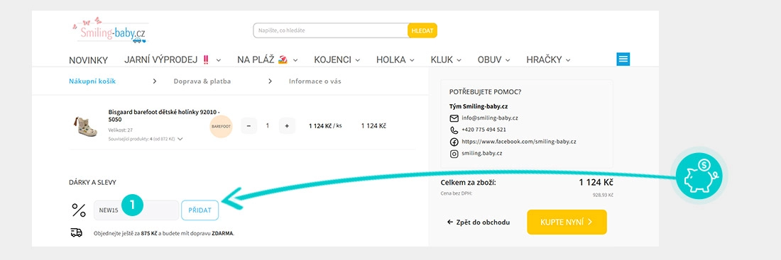 Návod jak uplatnit slevový kód v košíku e-shopu Smiling-baby.cz