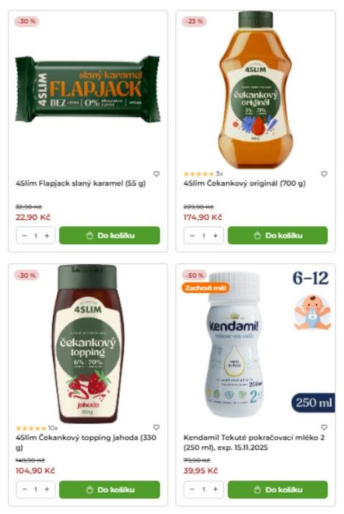 tyčinka slaný karamel, čekankový originál, čekankový topping jahodový a tekuté pokračovací mléko