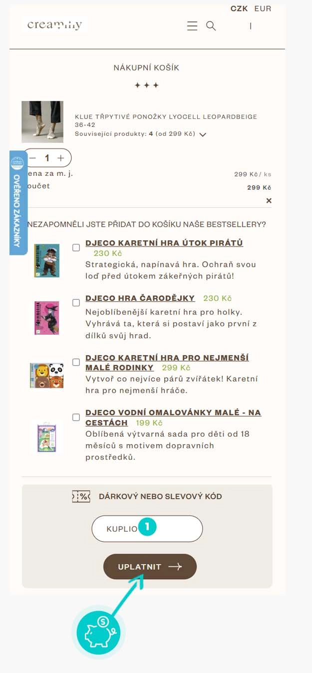 Návod jak uplatnit slevový kód v košíku e-shopu creammy