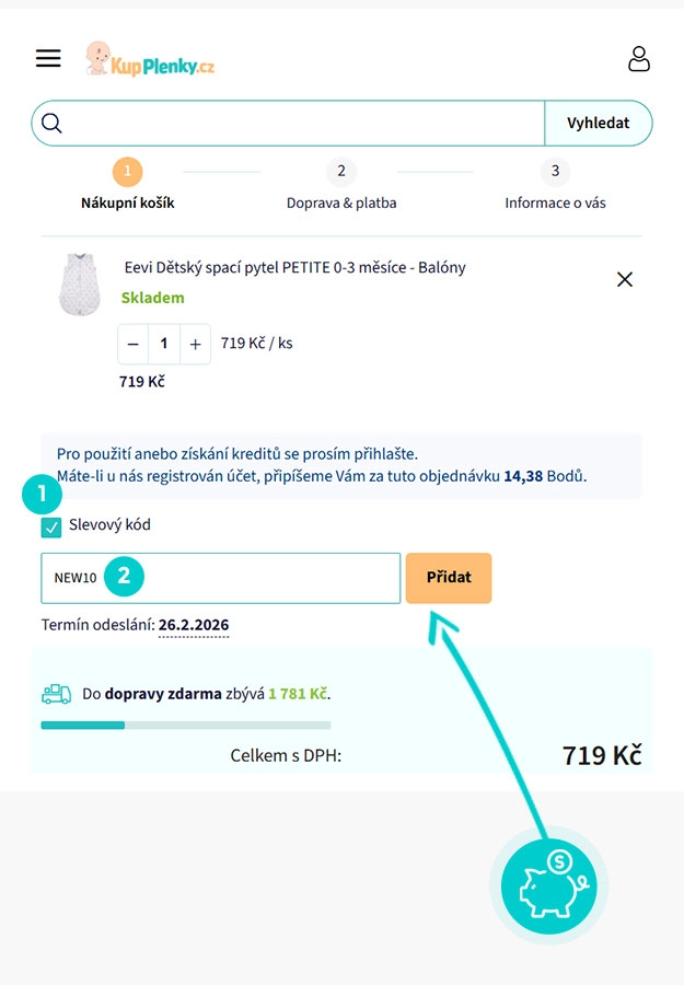 Návod jak uplatnit slevový kód v košíku e-shopu KupPlenky.cz
