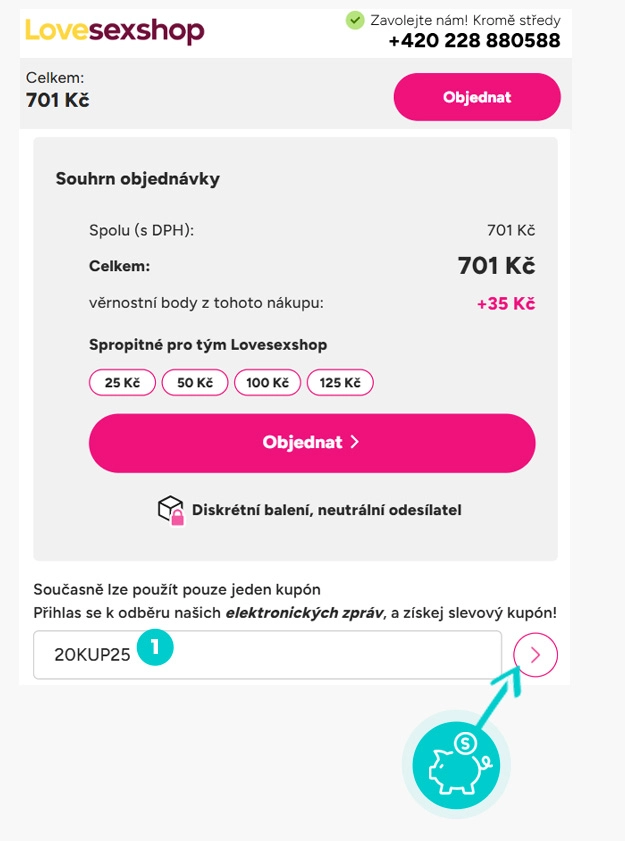 Návod jak uplatnit slevový kód v košíku e-shopu Lovesexshop.cz