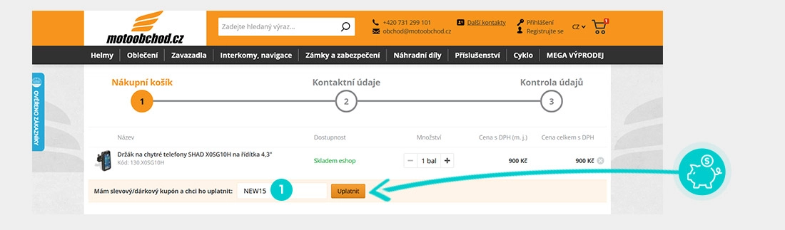 Návod jak uplatnit slevový kód v košíku e-shopu Motoobchod.cz