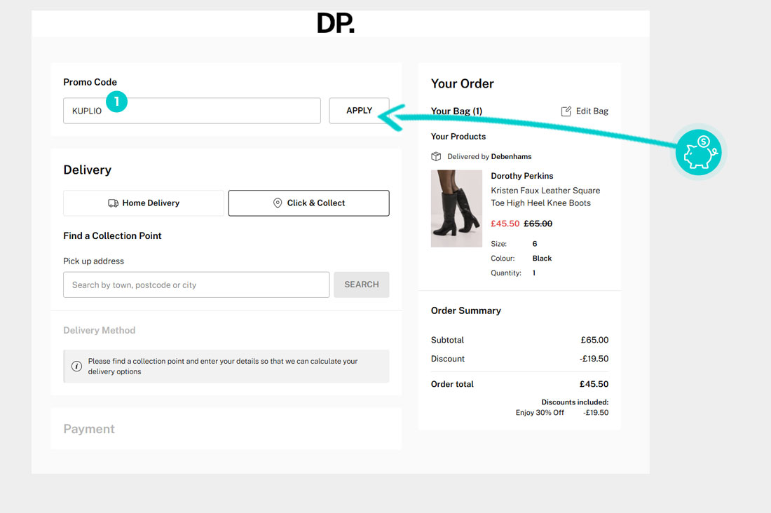 Návod jak uplatnit slevový kód v košíku e-shopu Dorothy Perkins