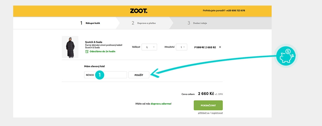 Návod jak uplatnit slevový kód v košíku e-shopu ZOOT