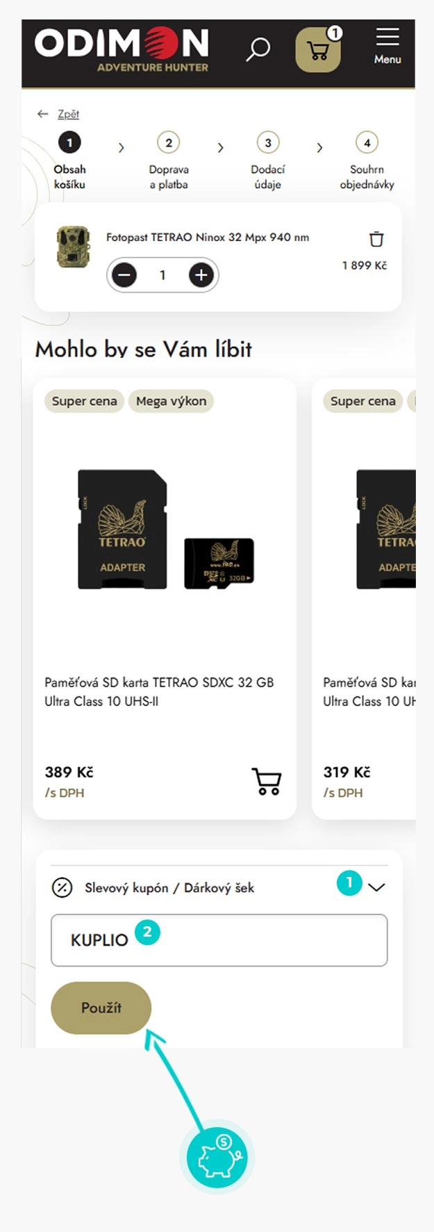 Návod jak uplatnit slevový kód v košíku e-shopu Odimon