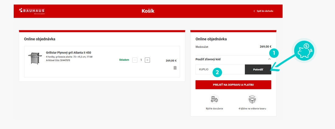 Návod jak uplatnit slevový kód v košíku e-shopu Bauhaus