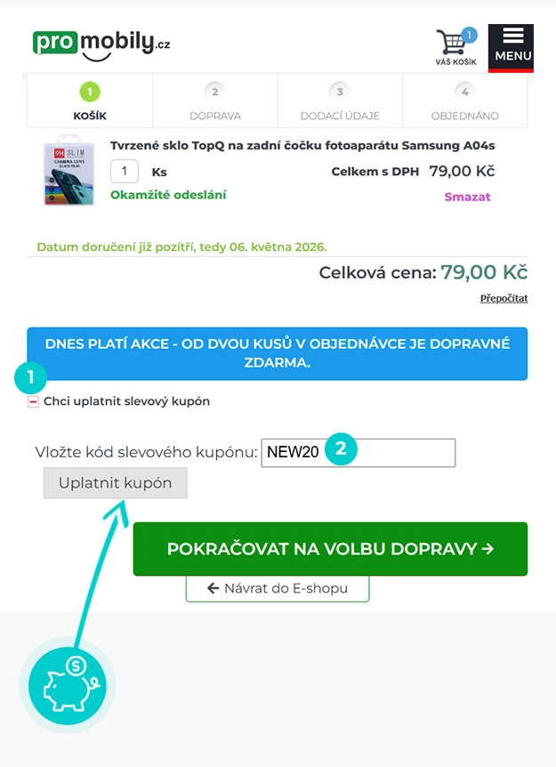Návod jak uplatnit slevový kód v košíku e-shopu ProMobily