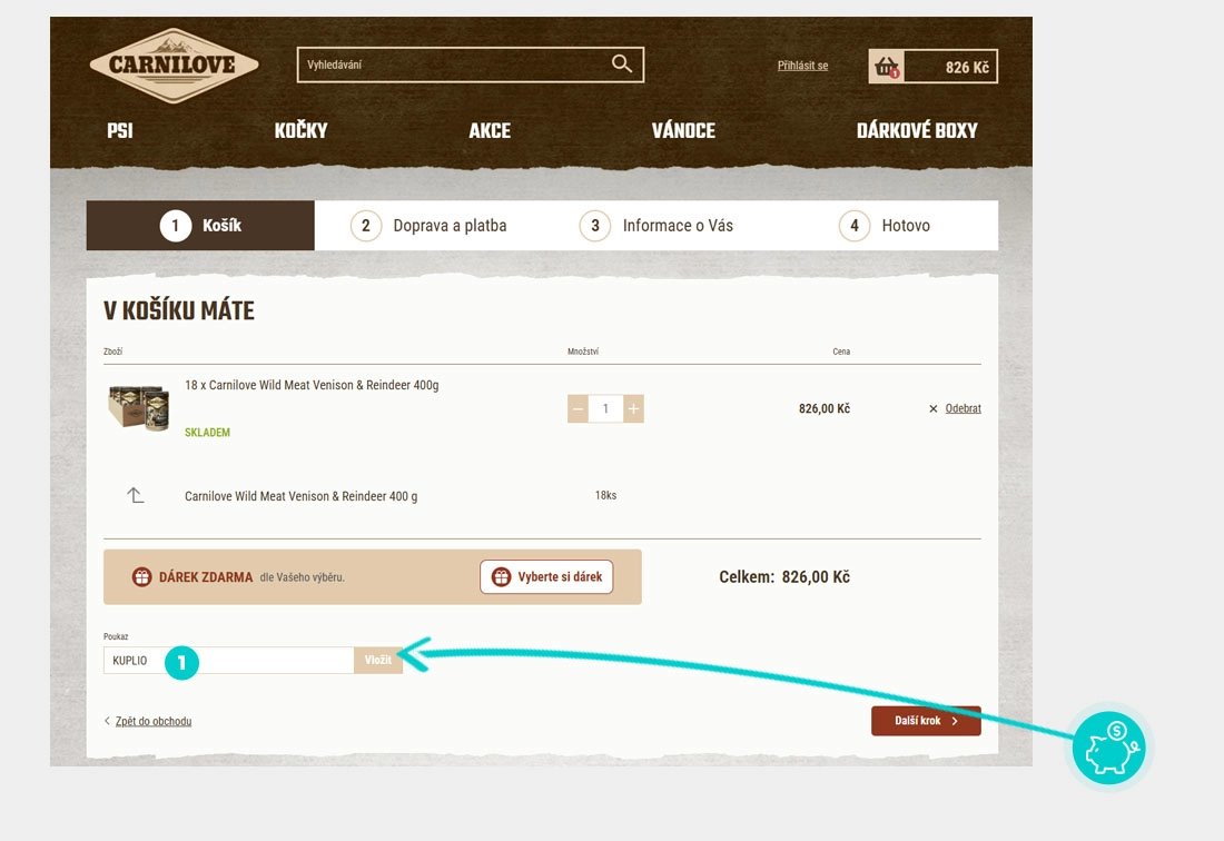 Návod jak uplatnit slevový kód v košíku e-shopu CARNILOVE