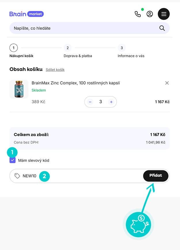 Návod jak uplatnit slevový kód v košíku e-shopu Brain market