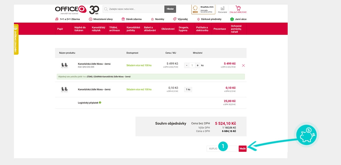 Návod jak uplatnit slevový kód v košíku e-shopu Officeo