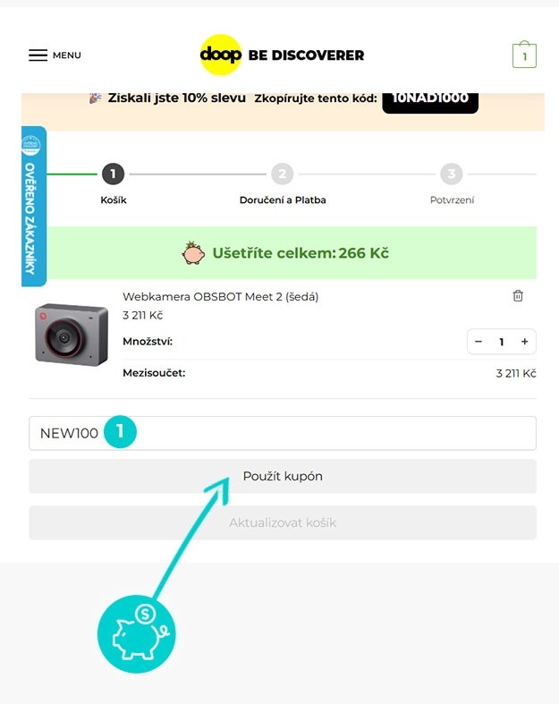 Návod jak uplatnit slevový kód v košíku e-shopu Doopshop