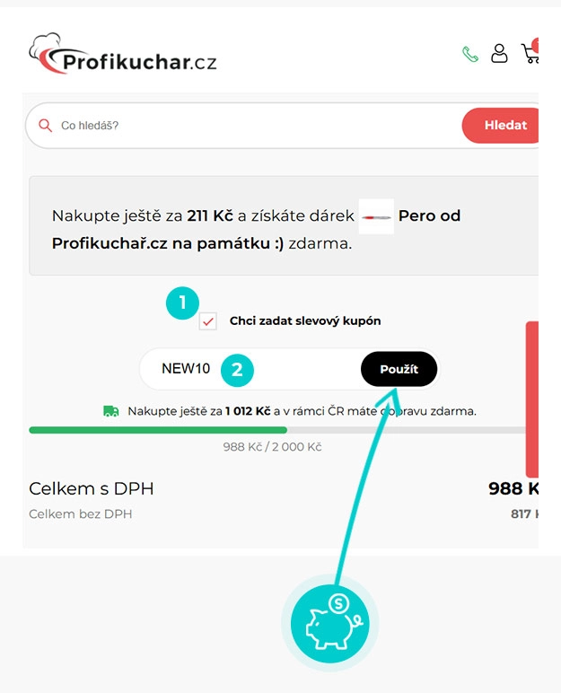 Návod jak uplatnit slevový kód v košíku e-shopu Profikuchar