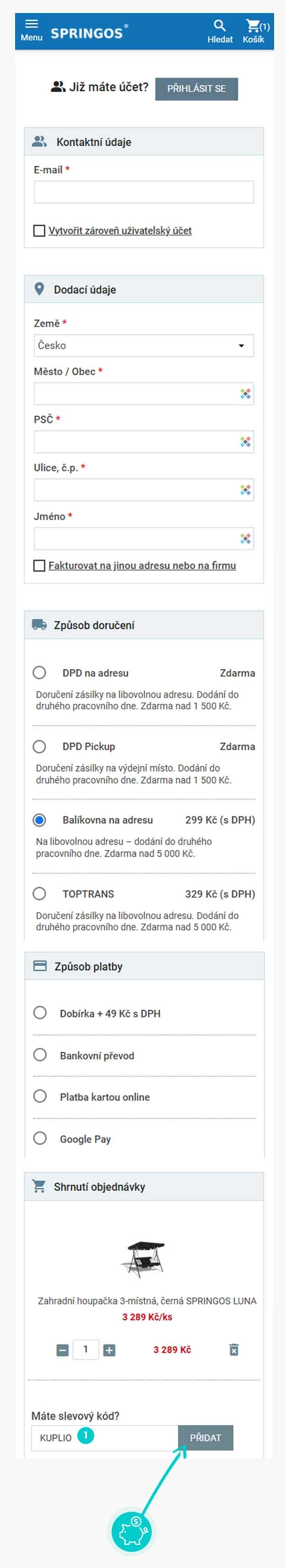 Návod jak uplatnit slevový kód v košíku e-shopu Springos