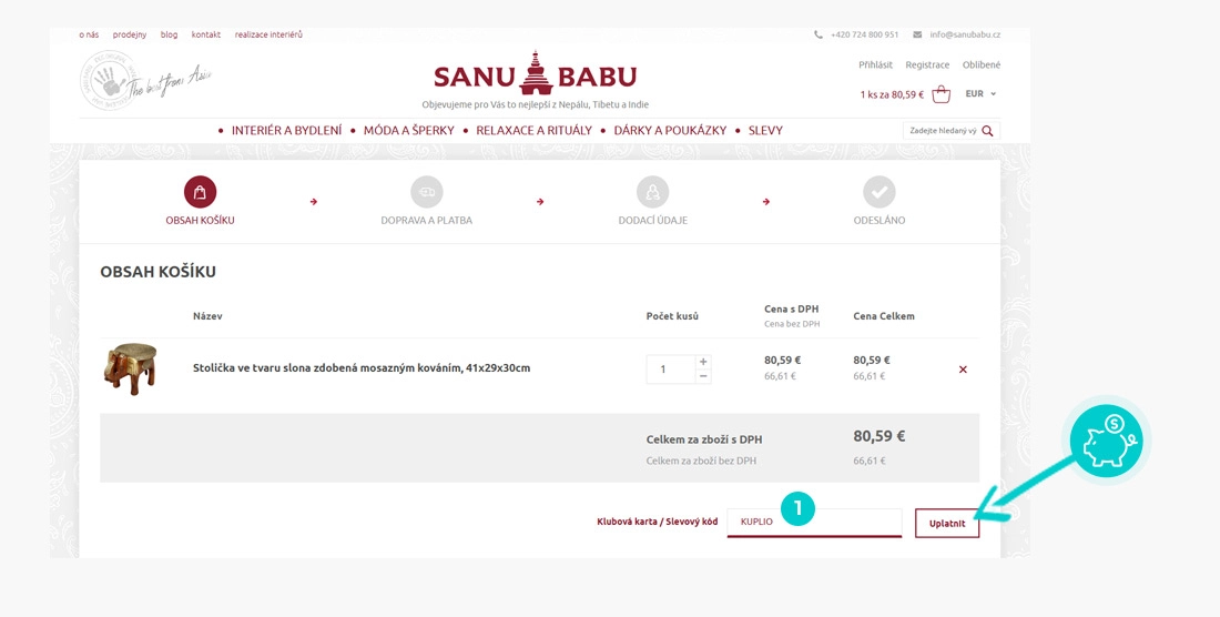 Návod jak uplatnit slevový kód v košíku e-shopu SANU BABU