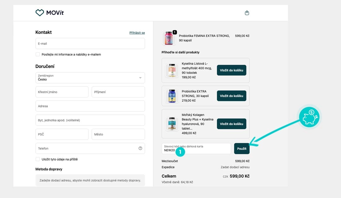 Návod jak uplatnit slevový kód v košíku e-shopu MOVit