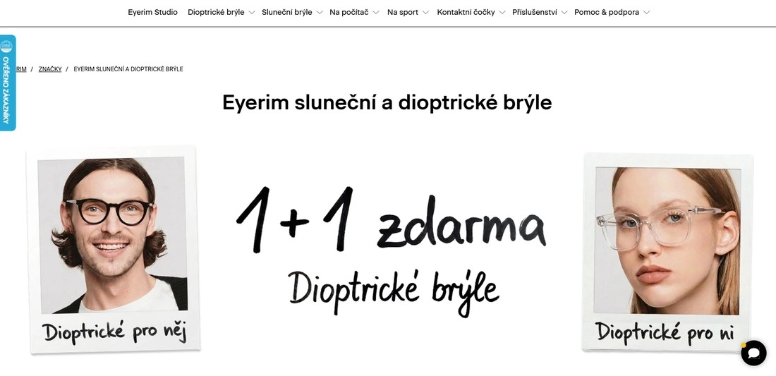 Bílá stránka e-shopu Eyerim s popisem a obličeji ženy a muže v brýlích